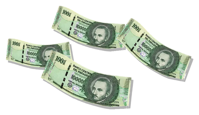 Billetes de cien mil guaraníes en abanico